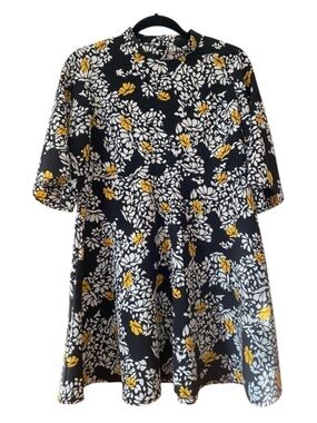 Zara Basic Black Floral Mini Dress Yellow White Mock Neck A-Line Size L